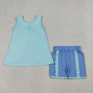 GSSO3463 rts Conjunto sin mangas azul con estampado sólido para niña pequeña, venta al por mayor, conjunto infantil para niña - Product Image 3