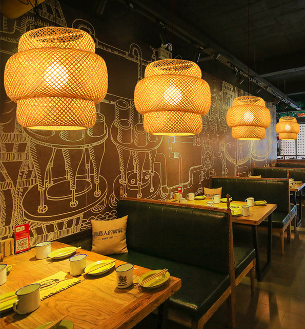 Retro Industrial Style Handmade Wicker Hanging Lamps Rattan Pendant Lamp Teahouse Home Decor Rattan Pendant Light