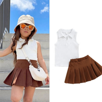 Conyson Thời Trang Mùa Hè Trắng Không Tay Ve Áo Đan Đầu Nâu Boutique Xếp Li Váy 2 Mảnh Quần Áo Đặt Trang Phục Giản Dị