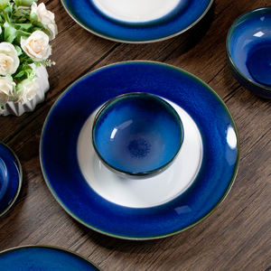 Ensemble de vaisselle en porcelaine artisanale pour restaurant, assiettes et bols, vaisselle en céramique bleue à glaçure réactive, fabricant de vaisselle - Product Image 2
