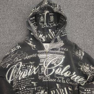 Sudadera con capucha oversize vintage lavada y desgastada de moda, con estampado digital de diamantes de imitación personalizado en toda la prenda, con cremallera para hombre. - Product Image 2