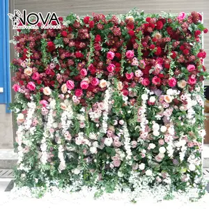 Pared de flores artificiales de seda 5d para decoración de boda tela trasera enrollable Pared de flores rosas