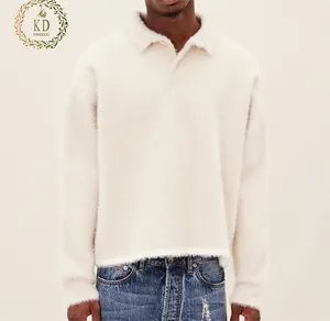 KD Knitwear الشركة المصنعة مخصص مضلع الأصفاد تباين تنحنح رقيق طويل الأكمام بولو ناعم موهير فو الفراء متماسكة سترة الرجال