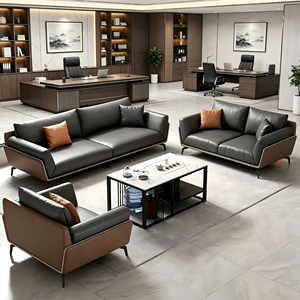 Juego de Sofás de Oficina de Cuero Italiano Genuino de Lujo, Sofá Seccional Moderno de 3 Plazas con Mesa de Centro para Vestíbulo de Negocios - Product Image 1