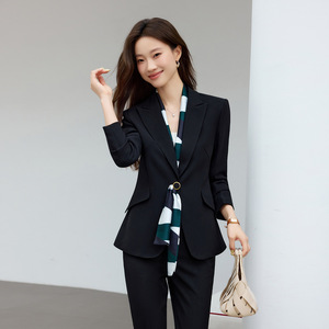 Women's Suit <b>Set</b> Black Slim Fit Flared Trousers Anti-Wrinkle <b>Office</b> Lady Autumn Polyester Worsted Full Sleeve - Product Image 3