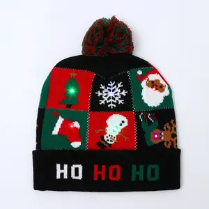 热销发光二极管发光3闪光全亚克力针织帽男女通用保暖冬季圣诞豆豆成人儿童风格毛绒