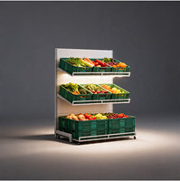 Zware mobiele metalen ijzeren displayrek met wielen, rollende fruit- en groentenrek, opvouwbare plastic manden voor winkels