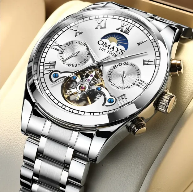Relojes de alta calidad resistentes al agua de moda para hombres Relojes automáticos de acero inoxidable de oro plateado