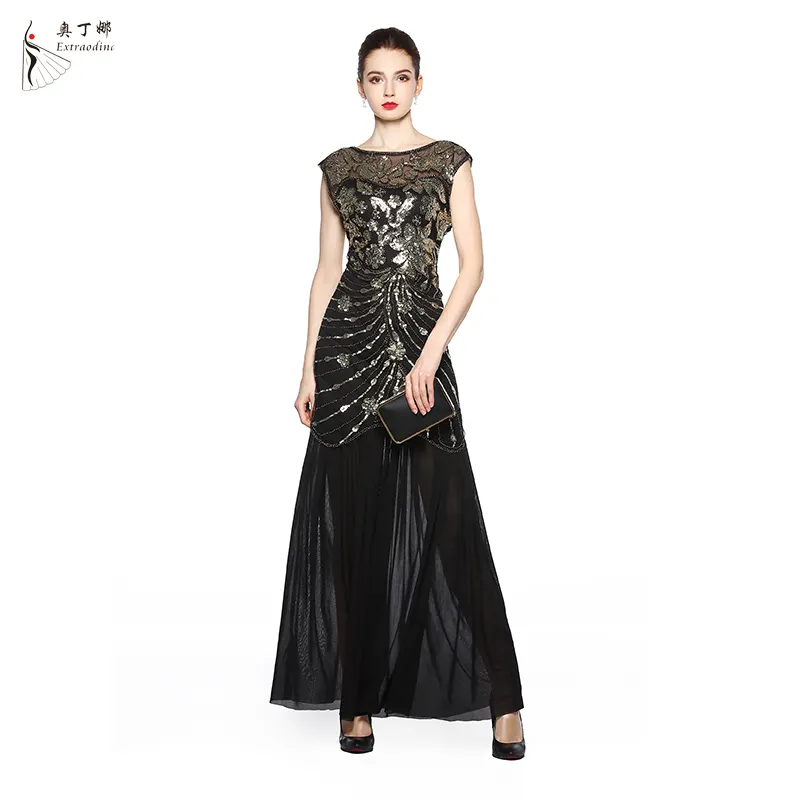 Wholesale 1920s vintage sequin beads dresses plus size black party dress