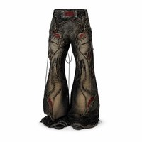Jean large imprimé lignes abstraites pour femme, style Y2K streetwear, avec sangle réglable et ourlet brut