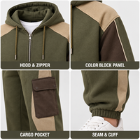 Ensemble jogging homme personnalisé avec sweat à capuche zippé, color block, 2 pièces, en molleton mélangé coton, avec poches cargo, pour tenue décontractée quotidienne