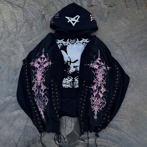 Sudadera con Capucha Personalizada Premium Estilo Punk Oscuro |   Estampado de grafiti gótico y detalle de mangas con cordones |   Sudadera Oversize para un Estilo Urbano - Product Image 1