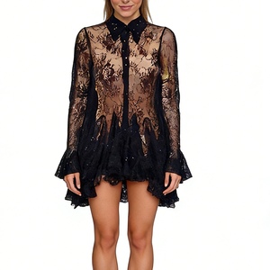 Women's Sheer Lace <b>Sequin</b> Ruffle Hem Shirt Dress Elegant Romantic Party Dresses Fashion - Product Image 1