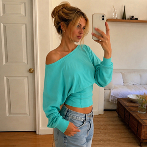 Women Casual Loose Asymmetrical off Shoulder Long Sleeve Crop <b>T</b> <b>Shirt</b> Ruched Waist Solid Color Fashion Top - Product Image 5