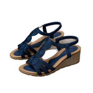 Blue Textile Wedge Sandals <b>Open</b> <b>Toe</b> Slip-On Mid <b>Heel</b> Breathable Summer Shoes Elegant Style Rubber Outsole wholesale - Product Image 1