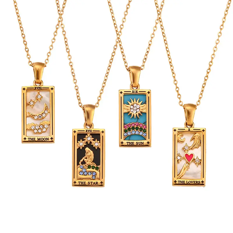 Trendy Square Colorful Enamel Zircon Tarot Cards Pendant Necklace 18K Gold Plated Stainless Steel Chain Necklaces For Women