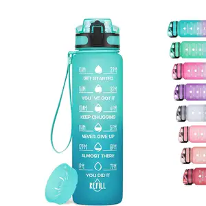 Botellas de agua con marcadores de tiempo motivacionales de 1 litro personalizadas al por mayor, botella de agua deportiva de plástico para gimnasio, botella de agua de 1 litro