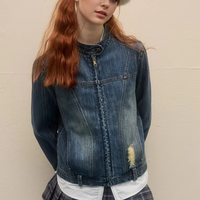 Nouvelle mode col montant Vintage Denim lavé Do vieux matelassé poignets Zip Design Street Bomber veste femmes veste courte