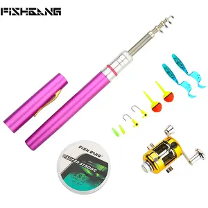 Conjunto de vara de pesca e carretel fishgang, kit com caneta telescópica de 1m com bolso, em metal, minivara de pesca portátil para crianças