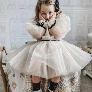 Хит продаж, симпатичная детская одежда с длинным рукавом для девочек, милое праздничное платье с цветами на первый день рождения