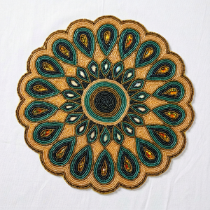 Handmade <b>Round</b> Bohemian Beaded Fabric <b>Placemat</b> With Teal And Gold Mandala Design - Product Image 1