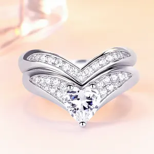 925 Sterling silver V shape ring stackable ring with Heart shape stone Wedding set Wholesale fashion rings by the dozen