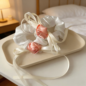 Accessorio per capelli coreano con fiore rosa Muhly bianco dolce e rosa, fiocco e nastri, elastico a scrunchie per ragazze - Product Image 3