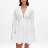 Robe courte blanche pour femme, col en V, manches longues, taille froncée, plissée, coupe trapèze, pour soirée, personnalisable OEM ODM