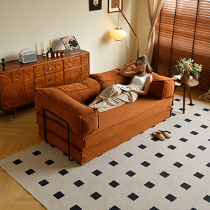 Sofá cama Teddy Cx-866 estilo vintage color naranja coral, modular, plegable y convertible, de tela, para sala de estar y uso doméstico. - Product Image 1