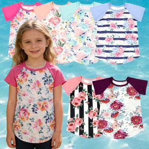 Camisetas de Manga Corta Raglán con Estampados Florales Personalizados al por Mayor para Niñas, Tela de Seda de Leche, Ropa para Bebés y Niños Pequeños - Product Image 1