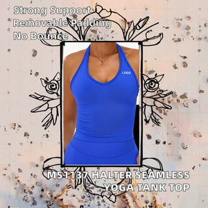 Haut de yoga bleu pour femme, col ras du cou, dos nu, avec coutures, contrôle du ventre, maintien élevé, léger, respirant, pour fitness et course à pied - Product Image 2