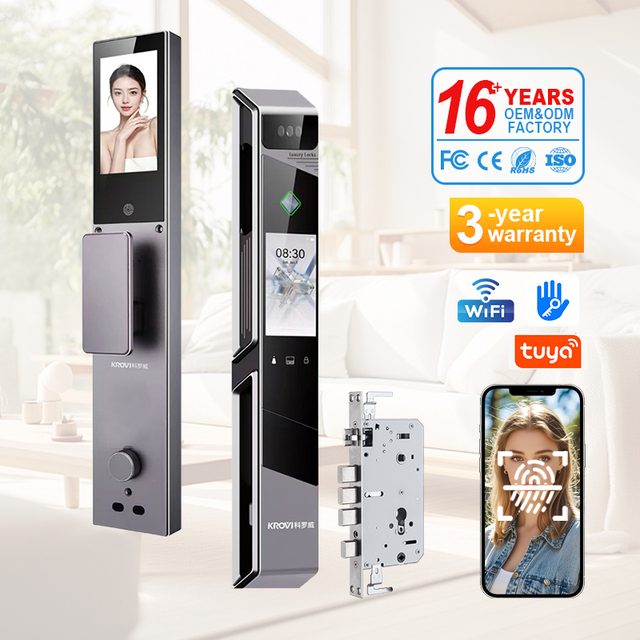 KROVI Automatic Smart Lock with 3D Face Recognition Tuya Smart Life App WiFi Compatible Wood/Steel/Glass Doors-3-Year Warranty