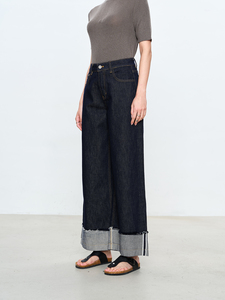 YUANBOFEI OEM Jeans pour femmes, jeans de haute qualité, denim brut bleu foncé, jambe large, ourlet brut, taille haute, jeans surdimensionnés personnalisés - Product Image 3
