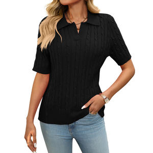 New Arrival Thin Korean V-neck <b>Short</b> <b>Sleeve</b> Cable Sweater Custom Casual Loose Solid Color <b>Knitted</b> <b>Top</b> - Product Image 3