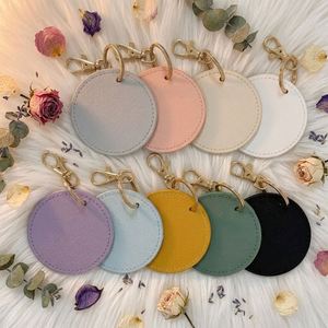 Smooth Cross Texture Key Pendant Blank Key Holder <b>Keyring</b> Round PU Leather Keychain for DIY Craft Birthday Gift - Product Image 1