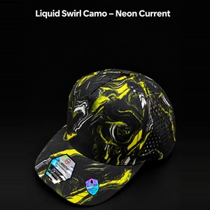 Casquette de golf personnalisée jaune fluo camouflage, motif tourbillon liquide, impression numérique imperméable, 5 panneaux, perforations laser, respirante, visière incurvée, Gorras - Product Image 1