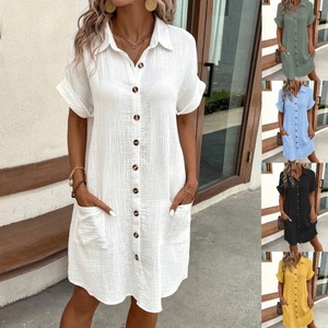Vestido Camisero de Mujer al por Mayor, Liso, Tejido Natural, con Botones, Manga Corta, Cuello Solapa, Ajuste Holgado, Casual para Vacaciones de Verano - Product Image 4