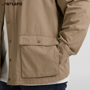 <b>Men</b> Khaki Utility Zip <b>Jacket</b> With Corduroy Collar Multi Pocket Workwear Coat Casual Vintage Outerwear For Autumn Winter Season - Product Image 6