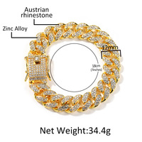 Collier Chaîne Cubaine Miami en Alliage Plaqué Or 18K avec Zircon et Cristal Givré, Style Hip-Hop Rapper, 12mm, Géométrique, Pas Cher