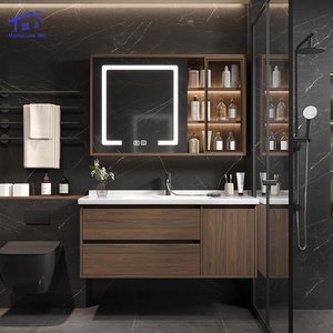 Mueble de baño inteligente de lujo en color marrón con vitrina de vidrio, encimera negra y gabinete de pared. - Product Image 6