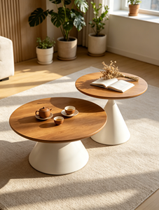 Round Wood Coffee <b>Table</b> with White Base Modern Minimalist Living Room Furniture <b>Nesting</b> Design for Home Use - Product Image 5
