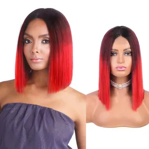 new arrival trending short cuticle cut lace front wig hair ombre red wine color synthetic bob wigs ready to ship design 2023