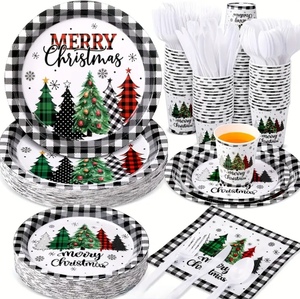 Giáng sinh Giấy Bộ đồ ăn thiết lập  giáng sinh nguồn cung cấp bên giấy tấm màu đỏ màu xanh lá cây giấy dùng một lần đồ ăn - Product Image 3