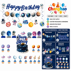 Kit Complet de Décoration Thème Astronaute Spatial : Bannière de Fête, Guirlande Spirale Étoile et Planète, et Nid d'Abeille Astronaute Terrestre pour Anniversaire - Product Image 1
