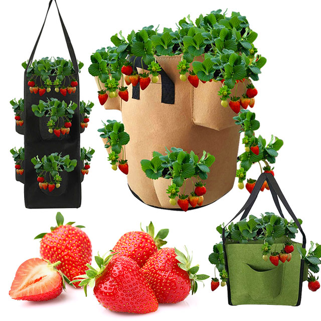 5 10 gallon square long handle felt strawberry plant hanging grow bags with extra pocket