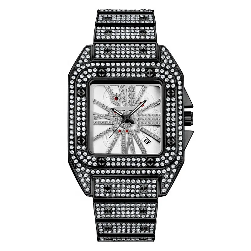 Much In Stock Big Face Full Black Bling Bling Watch Luxury Square Watch For Men Fashion Jewelry 2022