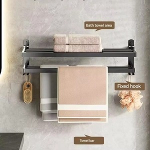 Porte-serviettes mural sans perçage, réglable, double couche, pliable, avec crochets pour salle de bain - Product Image 6