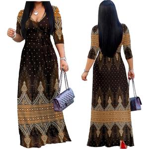Femmes col en V 3/4 manches africain imprimé fleuri fête ample longue Maxi robe pour dame à la mode <span class=keywords><strong>Chic</strong></span> sinueuse tenues élégantes en gros - Product Image 5