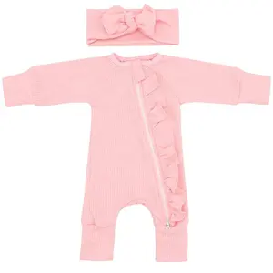 OEM Tùy Chỉnh Trẻ Sơ Sinh Trẻ Sơ Sinh Quần Áo Rắn Màu Waffle Cotton Hữu Cơ Jumpsuit Với Dây Kéo Unisex Cho Mùa Đông