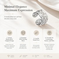 Boucles d'oreilles manchette en argent 925, design original, faites à la main, ajustables, inspirées de la nature, bijoux de mariage pour hommes et femmes, hypoallergéniques